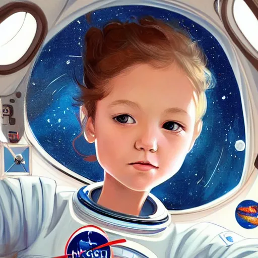 Prompt: a painting of a little girl with short wavy curly light brown hair and blue eyes, floating in space. she is an astronaut, wearing a space suit. beautiful detailed face line art by ilya kuvshinov