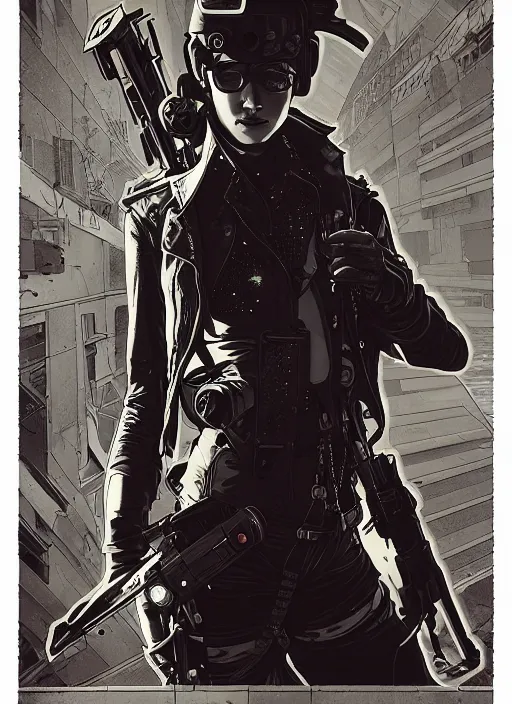 Prompt: cyberpunk assassin. codename : athena. portrait by ashley wood and alphonse mucha and laurie greasley and josan gonzalez and james gurney. illustration, pop art, cinematic. realistic proportions. moody industrial setting. artstationhq. smooth. sharp focus.