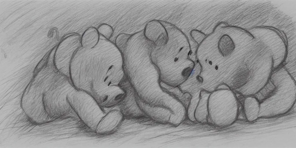 Image similar to winnie the pooh and tigger eating piglet, pencil sketch, high detail,