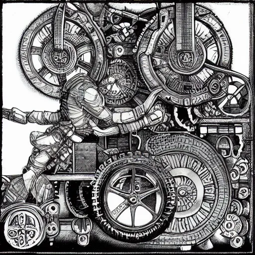 Prompt: intricate detailed artwork of a mechanical thief, stealing gears and mechanical parts