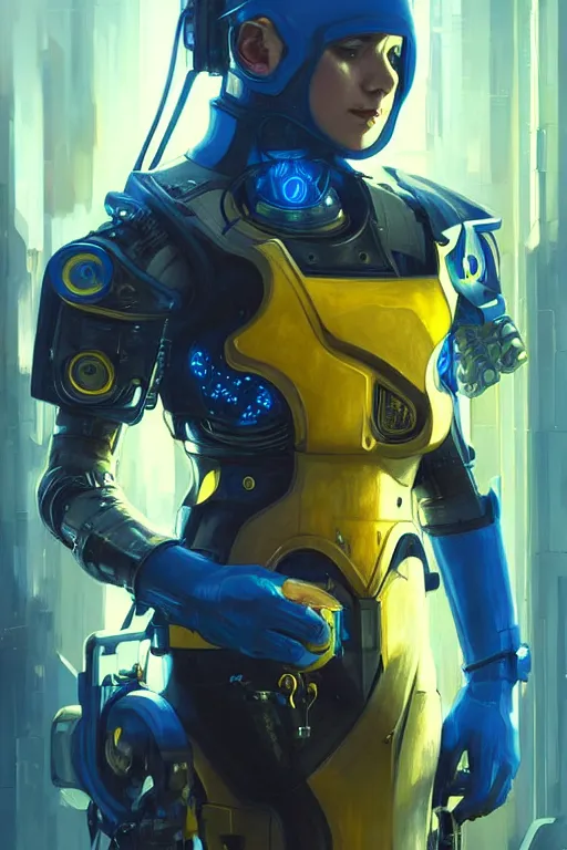 Prompt: cyberpunk knight modern technology, blue and yellow flags, realistic portrait full body, symmetrical, highly detailed, digital painting, artstation, concept art, smooth, sharp focus, illustration, cinematic lighting, art by artgerm and greg rutkowski and alphonse mucha