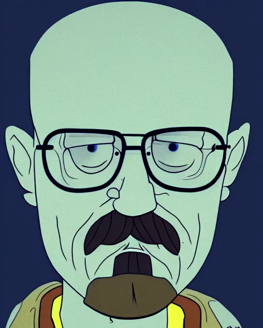 Image similar to portrait of walter white in the style of justin roiland. heisenberg from breaking bad. cinematic lighting. style of rick & morty. photographic, photography. by justin roiland