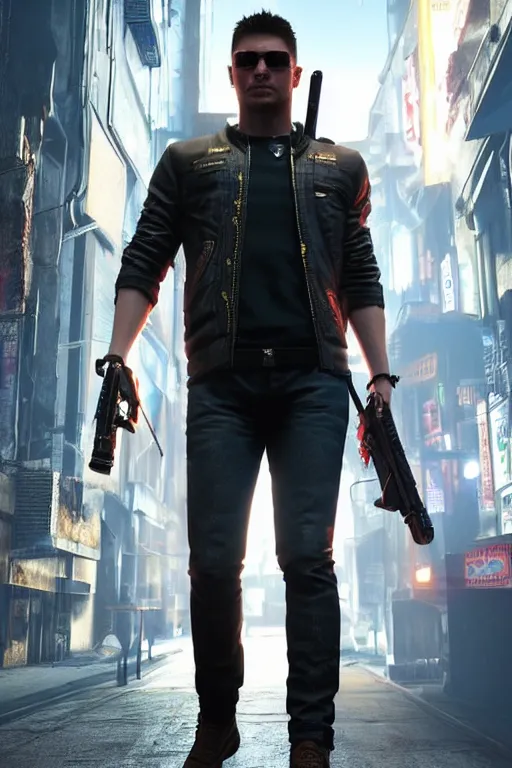 Prompt: a detailed full bodied 3 d render of an extremely handsome jensen ackles as time traveler walking down a dark alley in cyberpunk 2 0 7 7, holding a milkor mgl grenade launcher, aetherpunk, volumetric lighting, octane render, 8 k, art by greg rutkowski and albert bierstadt and alphones mucha