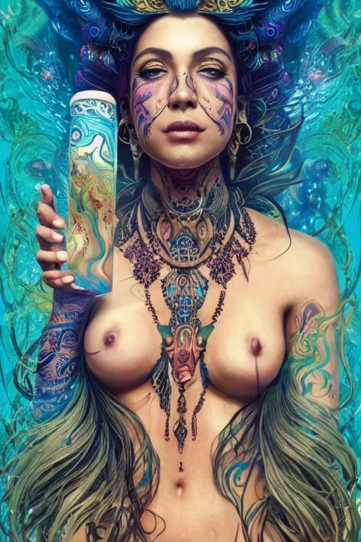 Image similar to a centered full body render of an alluring festival hippy with tribal tattoos surrounded by a underwater ink pour and flowing liquid gallium and sacred geometry, perfect body and face, gorgeous, cinematic, beautifully lit, by artgerm, by karol bak, by donato giancola, 3 d, trending on artstation, octane render, 8 k