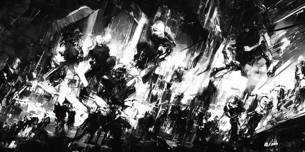 Image similar to concept art of pop star concert by yoji shinkawa and ashley wood and j. m. w. turner, speed painting, photo bash, cinematic angle, super detailing, monochrome, strong perspective