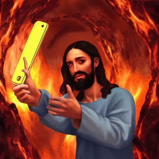 Image similar to jesus taking a selfie in hell