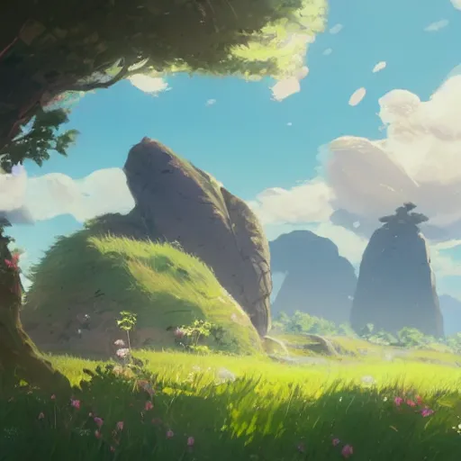 Image similar to pastel landscape of an open rocky field. a few flowers. clean sharp digital art, environment concept art, by rossdraws, ghibli, breath of the wild, greg rutkowski