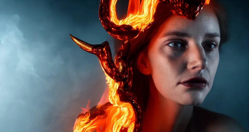 Prompt: portrait of a woman with horns made of flames in the wisps of thick smoke, looking into the camera, studio photography, studio lighting, realistic render, octane render, 4 k, 8 k, face in focus