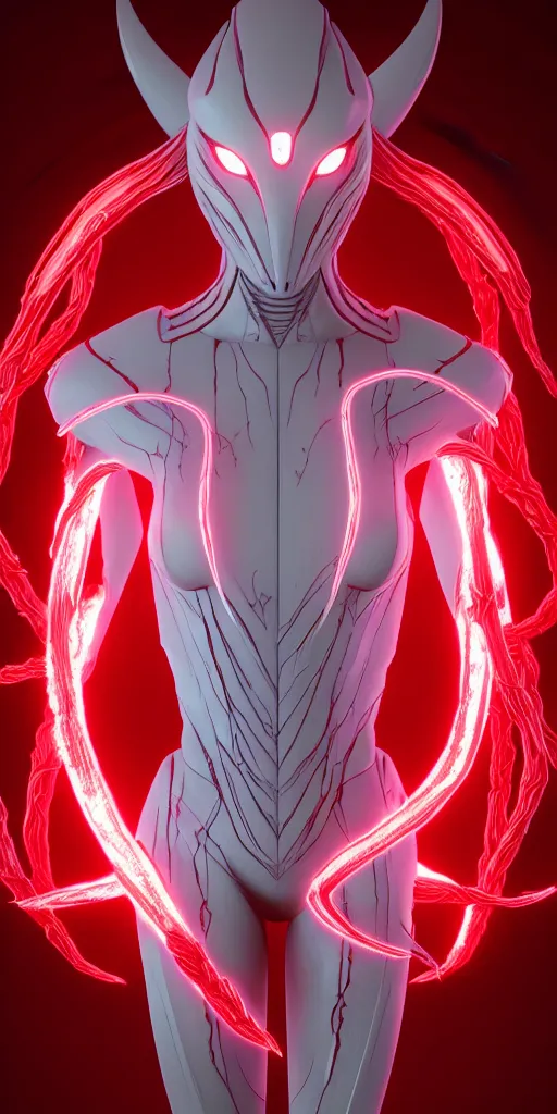 Image similar to stunning symmetric full body character image, woman, predator, Protoss, human, Tsutomu Nihei, 3d octane render, unreal engine, hyper realistic, realistic, white bone armor, soft illumination, human facial features, surrounded in red glowing tendrils of whispy smoke, trending artstation, 4K, insane