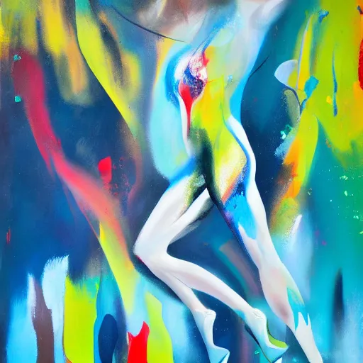 Image similar to a dynamically posed figure rendered in an expressive and stylized fashion showing movement with paint splashes