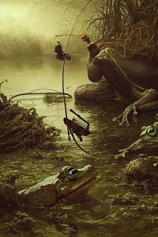 Image similar to frog fishing with a fishing pole by the water by anna podedworna, ayami kojima, greg rutkowski, giger, maxim verehin