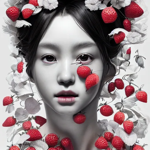 Image similar to the portrait of an absurdly beautiful, graceful, elegant, sophisticated, fashionable young gravure idol made of strawberries and white petals, an ultrafine hyperdetailed illustration by kim jung gi, irakli nadar, intricate linework, bright colors, octopath traveler, final fantasy, unreal engine 5 highly rendered, global illumination, radiant light, detailed and intricate environment