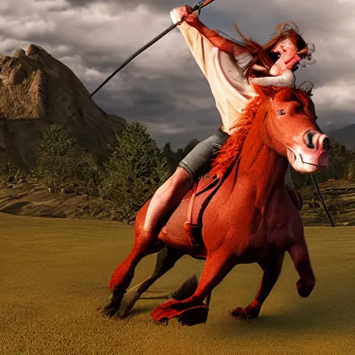 Image similar to Red ogre riding a horse, realistic, HD,