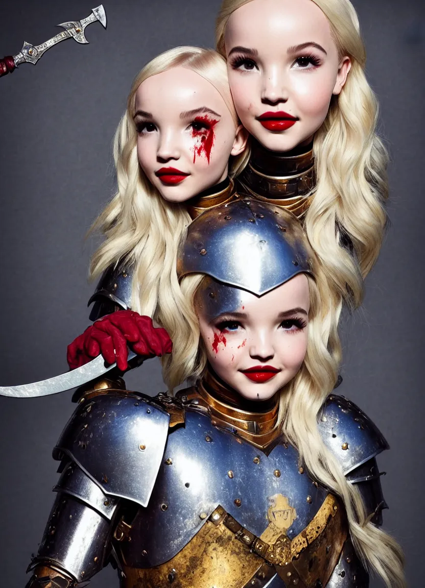 Prompt: dove cameron in a knight armor, full plate, photography, movie poster, red lipstick, leather, blood stains, hair in the wind, shiny metal armor, gold, victorious on a hill, battlefield, full body, sword pointed at sky