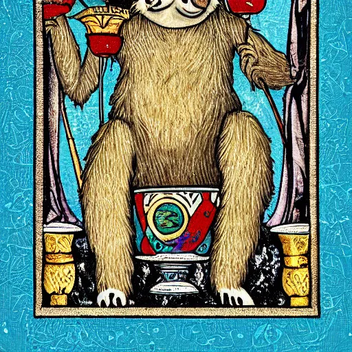 Image similar to sloth as the king of cups, framed, intricate details, medieval art style, posterized