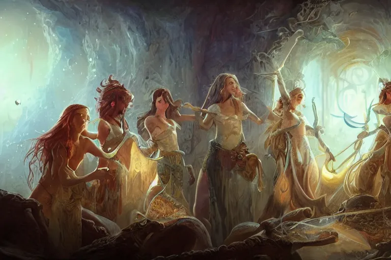 Prompt: the muses. sacred singers they who took up the strings of the deep, and turned the cacophony of an angry world into songs of unity and peace. morning lighting, cinematic fantasy painting, dungeons and dragons, jessica rossier and brian froud