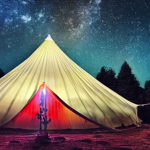 Prompt: a large cinematographic picture of a circus tent by night in the mountain forest.