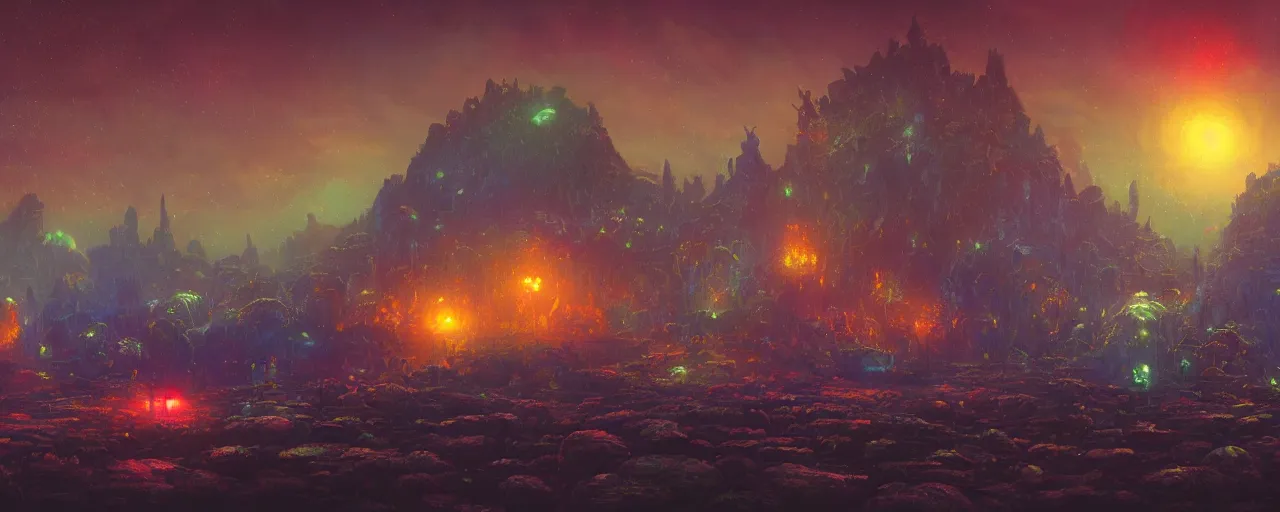 Image similar to ” otherwordly landscape at night, [ bioluminescense, cinematic, detailed, epic, widescreen, opening, establishing, mattepainting, photorealistic, realistic textures, octane render, art by slop and paul lehr ] ”