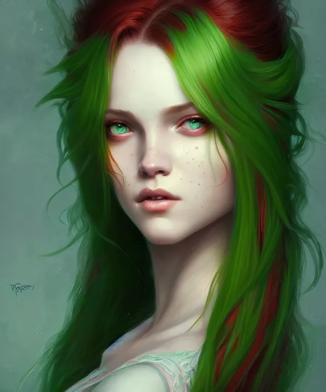 Prompt: Fae teenage girl, portrait, face, long red hair, green highlights, fantasy, intricate, elegant, highly detailed, digital painting, artstation, concept art, smooth, sharp focus, illustration, art by artgerm and greg rutkowski