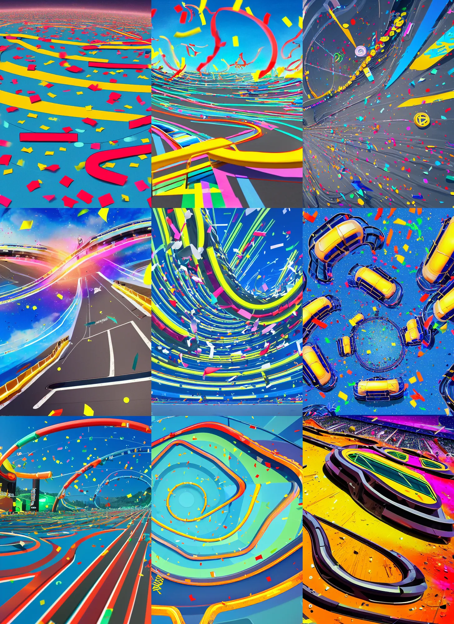 Prompt: low wide angle shot worms eye view of a realistic futuristic vehicle racetrack winner circle with confetti on a sunny day with a clear blue sky, cyberpunk, digital painting, good value control, vibrant colors, rule of thirds, golden ratio, horizon line focus, sharp focus, 8 k, fourze, realistic textures, waveriders, f - zero