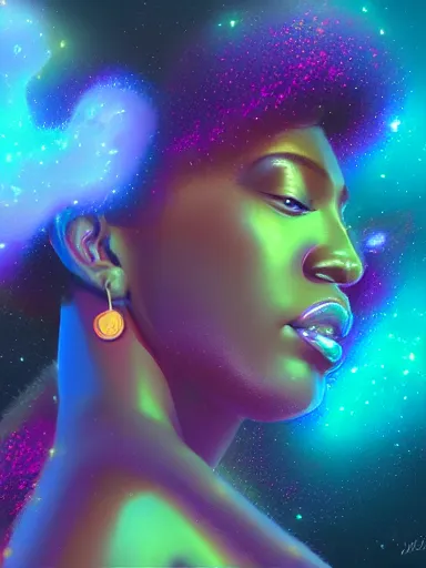 Prompt: digital painting of a black female celestial being experiencing nirvana in space, colorful nebulas in the background, highly detailed, intricate design, 8k, artstation, illustration by Victor Mosquera, Krenz Cushart