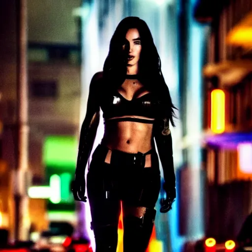 Image similar to cyberpunk megan fox, standing on a cyberpunk street at night, streets are lit with neon lights