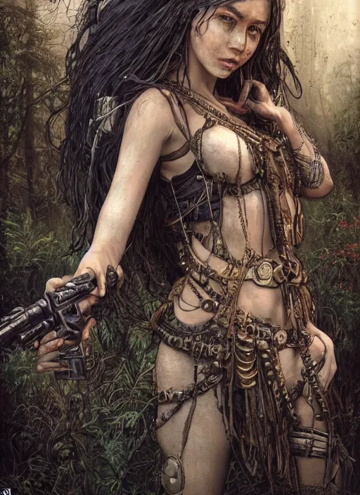 Prompt: portrait of a young very beautiful cute tribal woman with a steampunk gun, post apocalyptic city overgrown with lush vegetation, by Luis Royo, by Greg Rutkowski, dark, gritty, intricate, highly detailed face, backlit, strong rimlight, cover illustration, concept art, volumetric lighting, volumetric atmosphere,sharp focus, octane render, trending on artstation, 8k