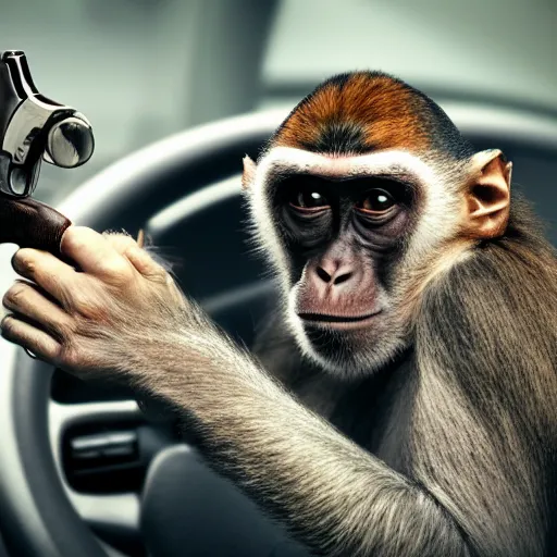 Prompt: a man with a crazy look at the wheel of a car, a monkey holding a revolver in the back seat, a frightened man next to the driver, hd, ultra realistic, detailed, cinematic
