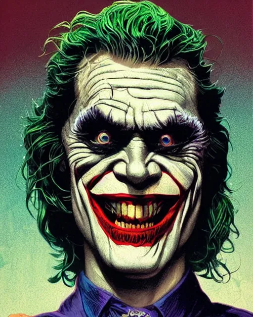 Prompt: willem dafoe as the joker, big smile, grotesque, horror, high details, bright colors, striking, intricate details, by vincent di fate, artgerm julie bell beeple, 1 9 8 0 s, inking, vintage 8 0 s print, screen print