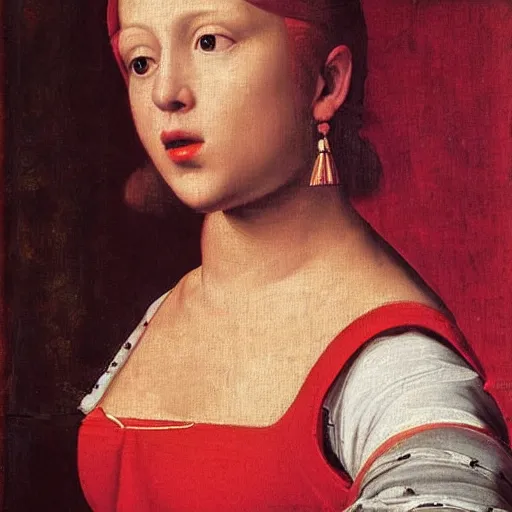 Prompt: renaissance painting of girl singin in karaoke bar, red earrings