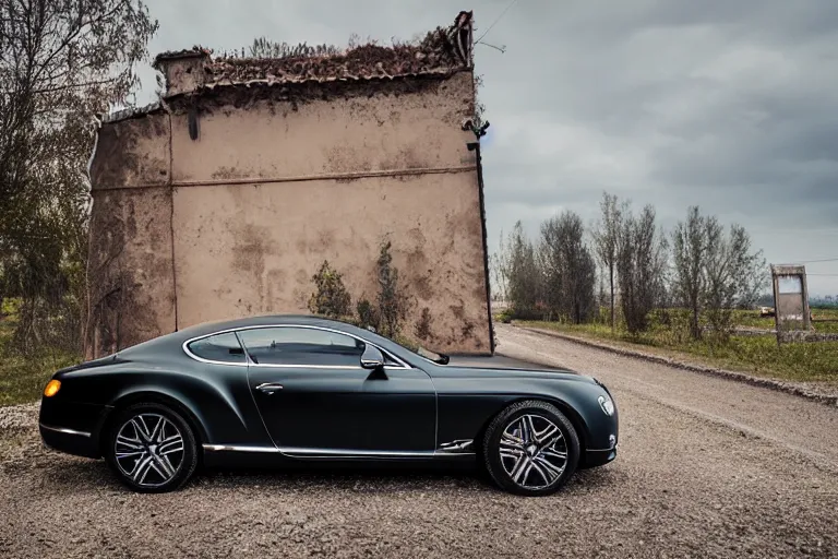 Image similar to modern rusty matte tired Bentley Continental GT without gloss no reflections drives along the road of an old Russian village with houses at the edges