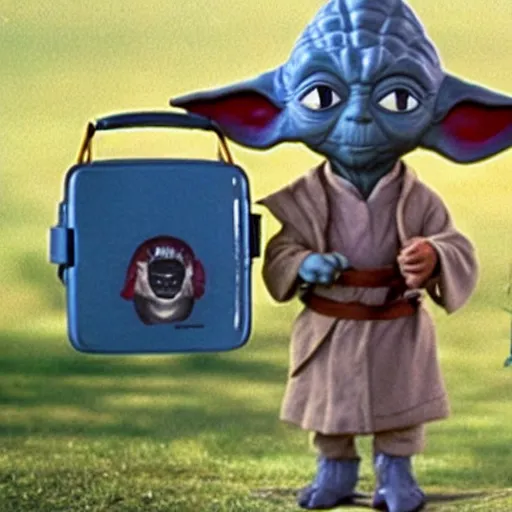 Image similar to A still of Yoda’s first day at school. Holding a Star Wars lunch pail .