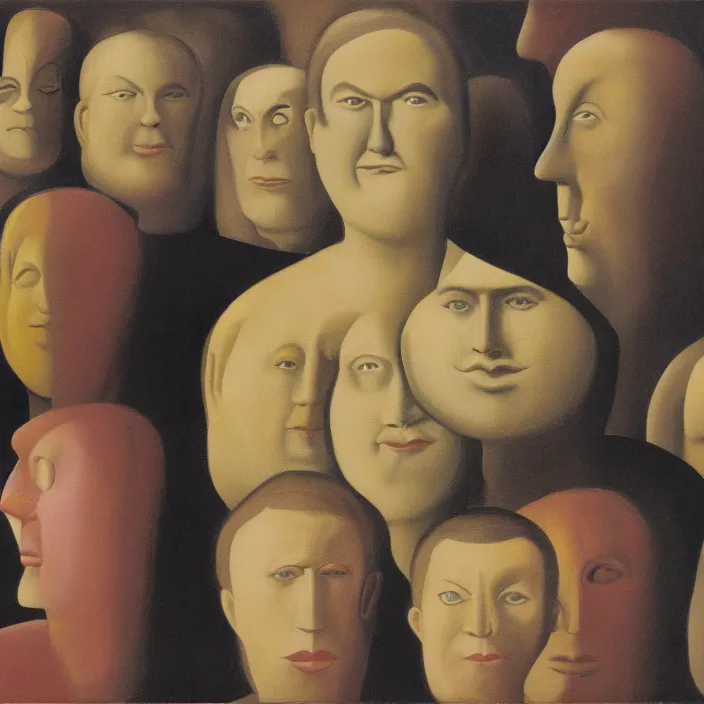 Prompt: group of people pictured in afternoon light, close - up of the faces, anatomically and proportionally correct, surrealist oil painting by dora maar and rene magritte, detailed