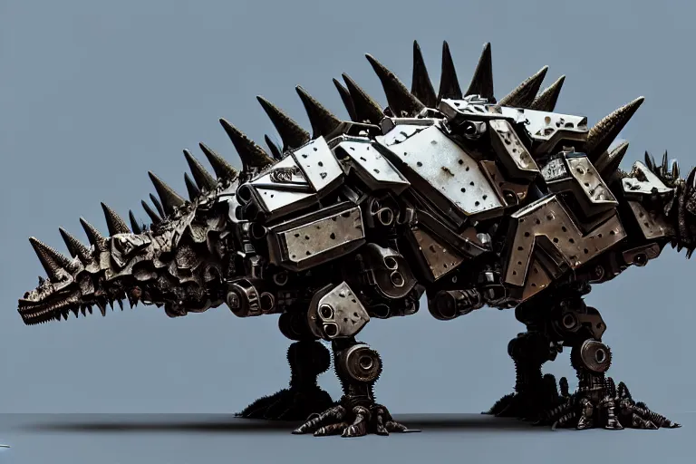 Image similar to stegosaurus in a cyborg mech suit, by alexandre ferra, zezhou chen, peter gric, mohamed reda and hr giger, hyper detailed, screen print, character concept art, realistic, coherent, octane render, zbrush central, behance hd, hypermaximalist