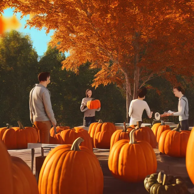 Image similar to pumpkin headed people ordering coffee at a coffee stand, maple trees with fall foliage, volumetric, realistic, cinematic lighting, ray tracing, unreal engine 5, octane render, hyper realistic, photo, 8 k