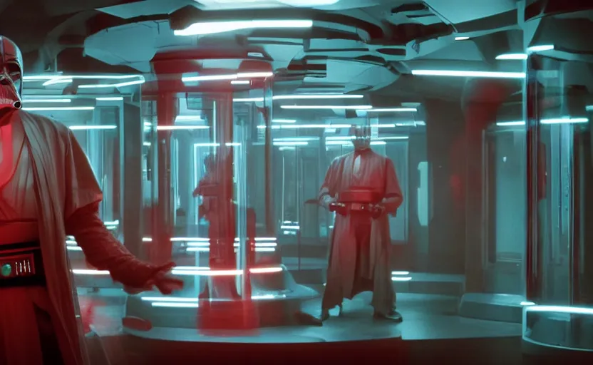 Prompt: screenshot sith user, in a clone lab, many glowing glass containers with mutant bodies, classic scene from the star wars 1980s film directed by Stanley Kubrick, the last jedi, 4k HD movie still frame, hyper cinematic lighting, beautiful portrait of ian mcdiarmid, moody scene, cyber goth, stunning cinematography, anamorphic lenses, kodak color film stock