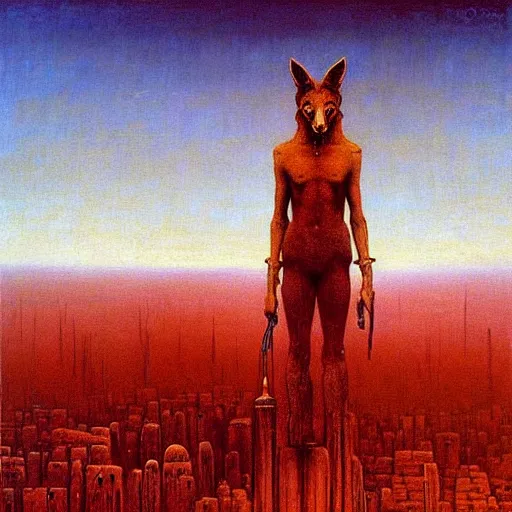 Prompt: a giant coyote stands over a city painting by beksinski, barlowe colors. masterpiece painting