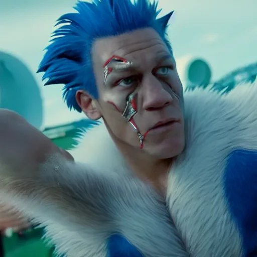 Image similar to John Cena in Sonic the Hedgehog makeup and prosthetics, directed by James Gunn, film still, detailed, 4k