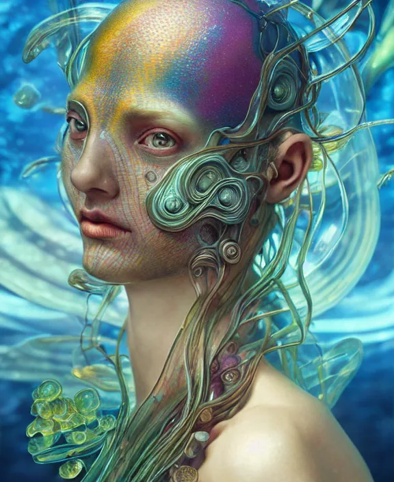 Image similar to intricate colorful transparent portrait of a disturbing beautiful alien mollusk creature, mottled coloring, adorable, childlike, underwater environment, ultra realistic, concept art, art nouveau, photorealistic, octane render, 8 k, unreal engine. art by christopher marley and artgerm and greg rutkowski and alphonse mucha