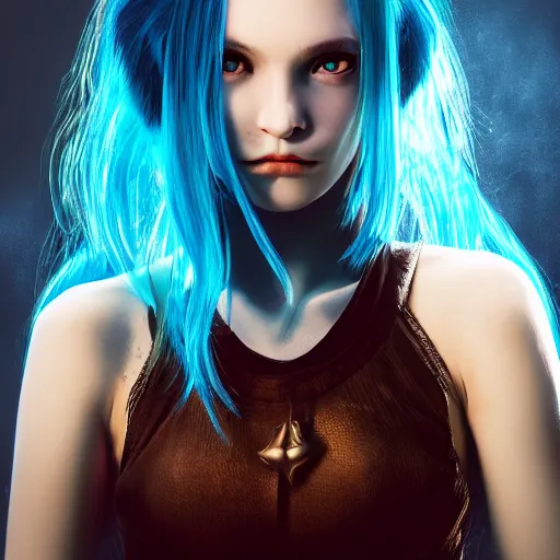 Image similar to portrait of young girl half dragon half human, dragon girl, dragon skin, dragon eyes, dragon crown, blue hair, long hair, highly detailed, cinematic lighting, by Quentin Tarantino