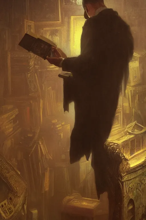 Prompt: , h p lovecraft reading an ancient tome at a victorian study hyperrealistic portrait, bladerunner street, art of elysium by jeremy mann and alphonse mucha and greg rutkowski, fantasy art, photo realistic, dynamic lighting, artstation, poster, volumetric lighting, very detailed face, 4 k, award winning