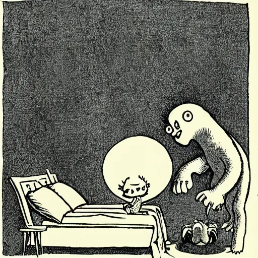 Image similar to monster hiding under the bed, illustration by Maurice Sendak