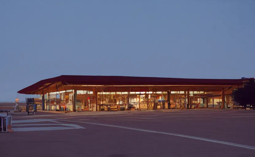 Image similar to exterior photo of the port byron travel plaza, a boring white a - frame build, depressing scene from being john malcovich film directed by charlie kaufman ( 2 0 0 1 ), moody cinematography and lighting, 2 4 mm anamorphic lens