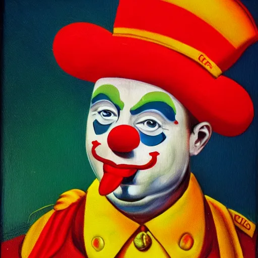 Prompt: communist clown portrait, soviet propaganda style painting, vivid colors