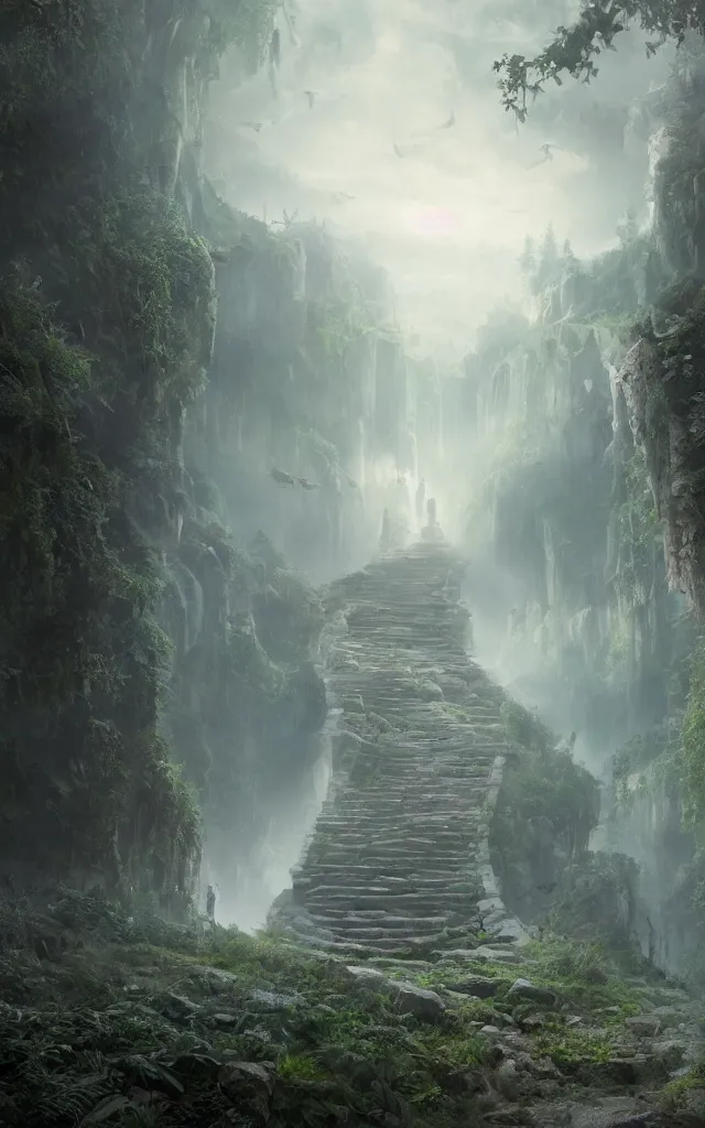 Prompt: the journey of life, each stage is a step in a stairway, detailed, 4 k, octane, a person walking up a set of stairs in the woods, a detailed matte painting by huang ding, cgsociety, fantasy art, mystical, made of mist, matte painting