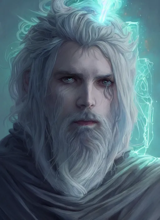 Image similar to Portrait of hexblade warlock aasimar, white glowing eyes, silver shaggy hair, short scruffy beard, cloak, teal ethereal tendril wings, male, fantasy, extremely detailed, digital painting, artstation, concept art, smooth, sharp focus, illustration, stunning lighting, art by artgerm and greg rutkowski and alphonse mucha and simon stalenhag, realistic character concept, high fantasy, light atmosphere, golden ratio, cinematic lighting, hyperdetailed, high resolution, insanely detailed and intricate, artstation, Marc Simonetti, Greg Rutkowski