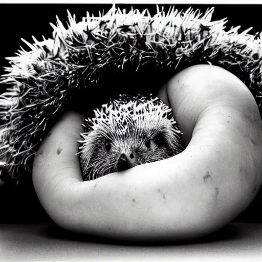 Prompt: Portrait of someone being half human, half potato, half hedgehog, photograph by Annie Lebowitz, very detailed, black and white, 35mm