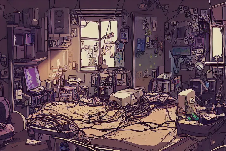 Prompt: a highly detailed illustration of a messy gamer's bedroom, tangled wires, dim lights, messy bed, a sink, cyberpunk, dystopian,