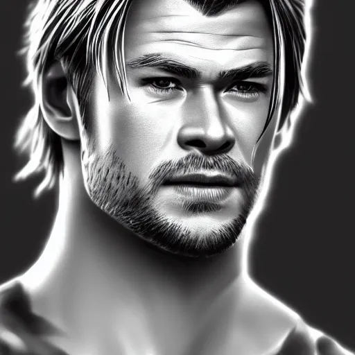 Image similar to Chris Hemsworth in an anime portrait style, intricate, detailed, photorealistic, trending on artstation, studio lighting, 4k, 8k