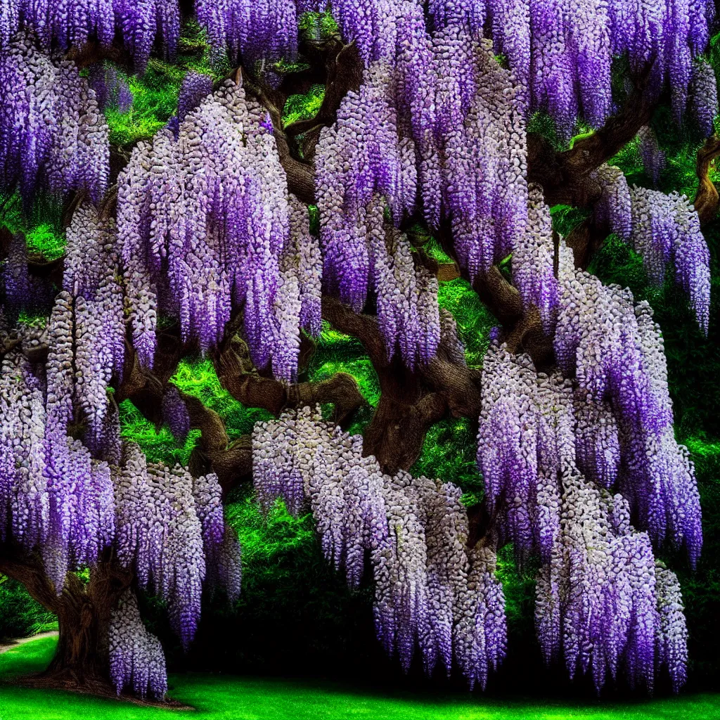 Image similar to full shot of wisteria tree on a black background. backlit. muted colors. fantasy magic style. highly detailed 8 k. intricate. lifelike. epic. movie poster. soft light. sony a 7 r iv 5 5 mm. cinematic post - processing